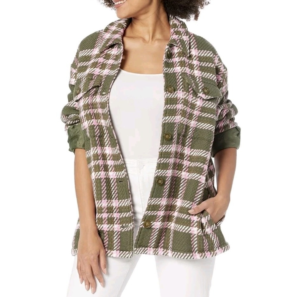 NWT Outerknown Women M Cloud Weave Shirt Jacket Olive Pink Plaid Shacket Boho